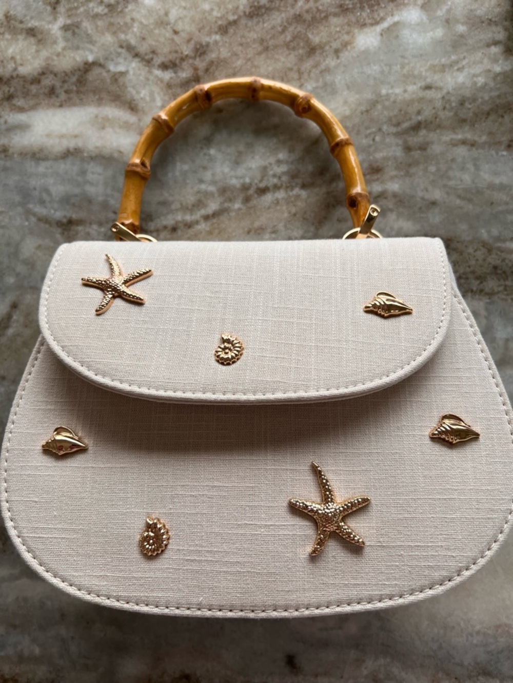 Bamboo Top Handle Embellished Sea Shells Canvas Bag